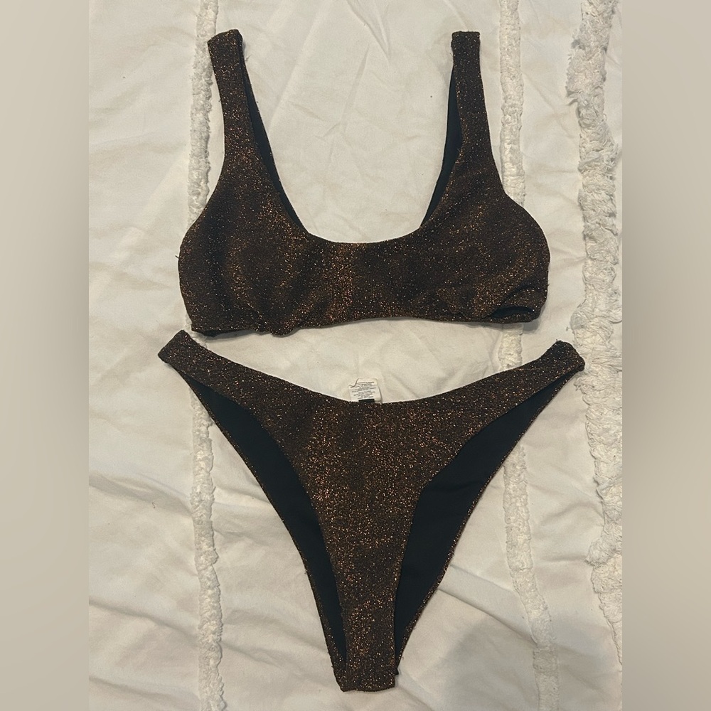Missguided Bronze Glitter Scoop Bikini Top and High-leg Bikini Bottoms Size 4